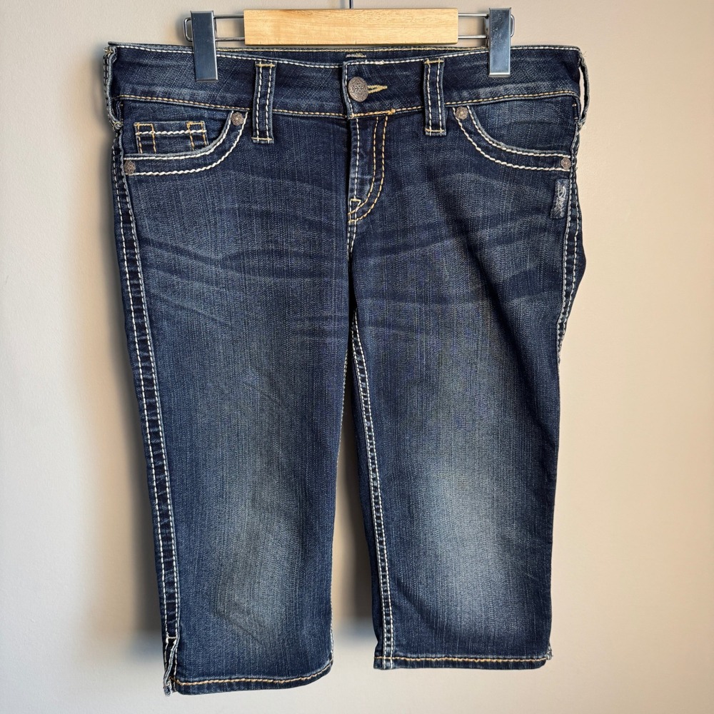 Silver Jeans Co McKenzie Cropโ Dark Wash Denim Capris W30 Contrast Stitch Boho